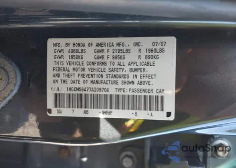 2007 Honda Accord 2.4 Lx z USA, uszkodzony, nr VIN 1HGCM56477A209704